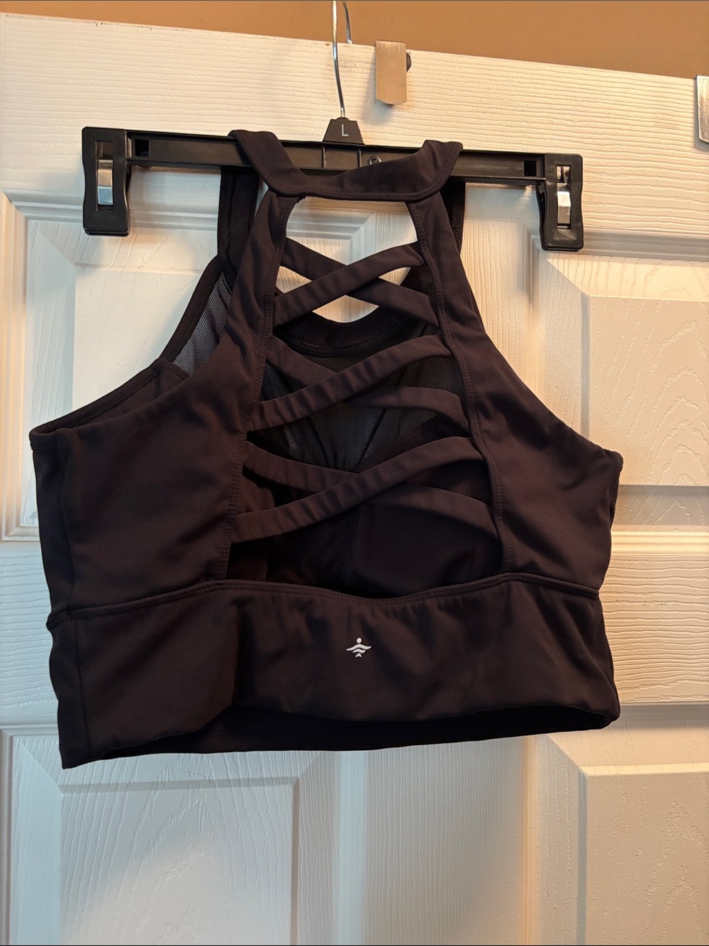 Halara Women's Strappy High Neck Sports Bra - Black with mesh detailing.